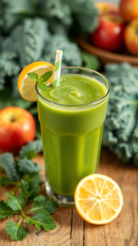 A glass of green kale juice with lemon garnish, surrounded by fresh kale and apples on a wooden table.
